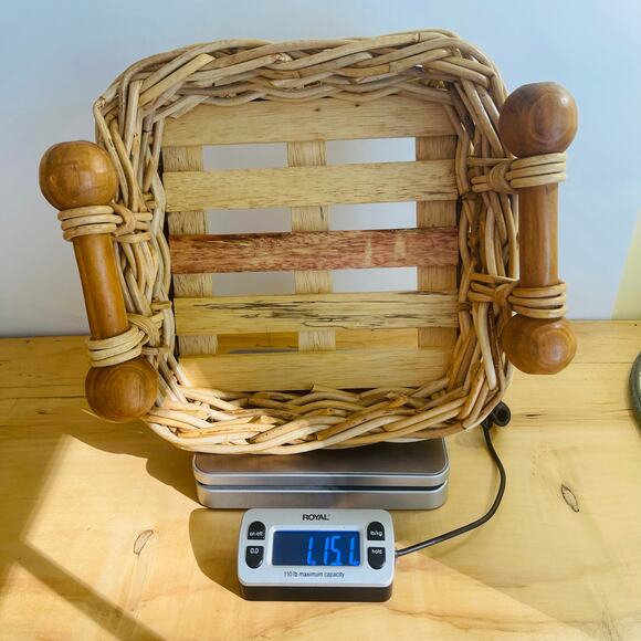 Vintage Woven Wicker Basket w/ Handles Wood Slats Bottom Decor Fruit Centerpiece - Picture 13 of 15